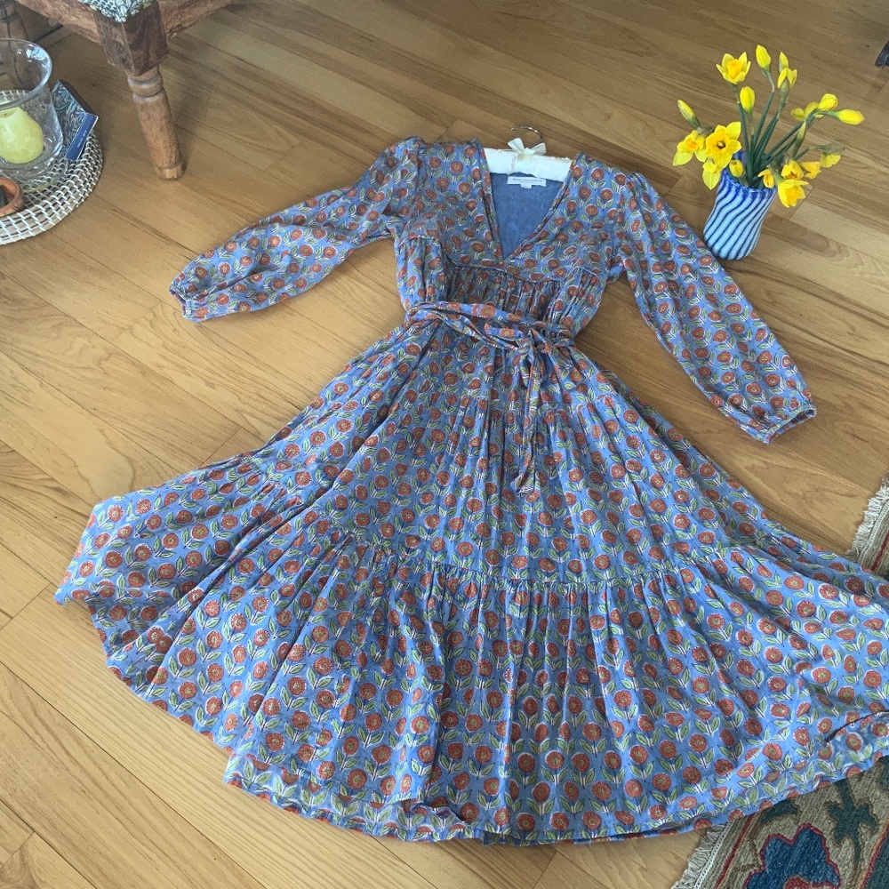 Emerson Fry Blue Floral Long Sleeve Midi Dress